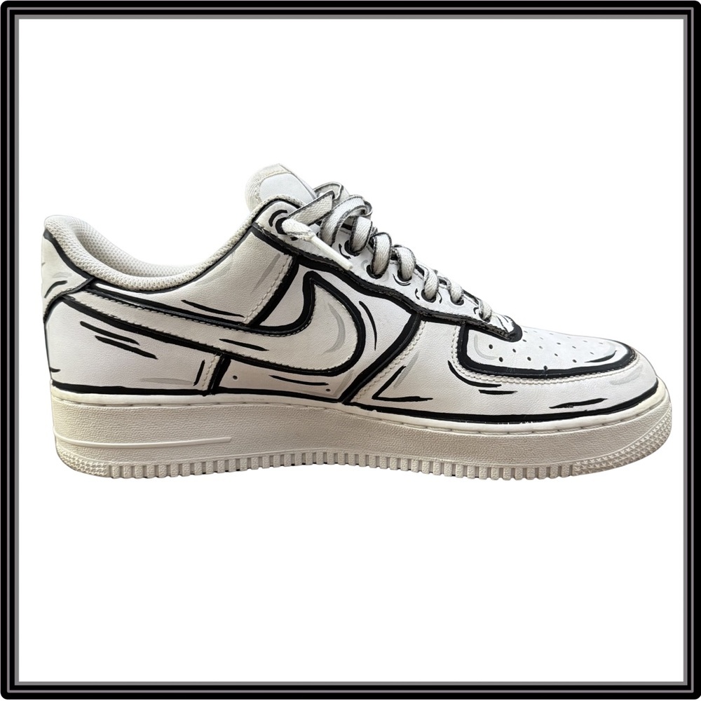 Nike Air Force 1 Low Custom Comic Sketch White Black Outline Womens Sz 11 EUC